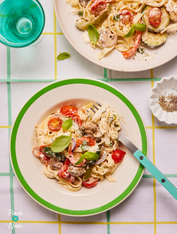 Creamy Tagliatelle with Roasted Vegetables pinchofnom.com