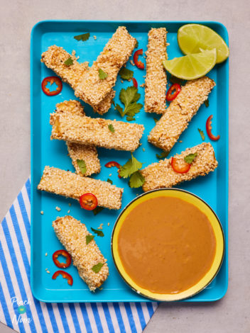 Sesame Tofu Sticks with Peanut Sauce pinchofnom.com
