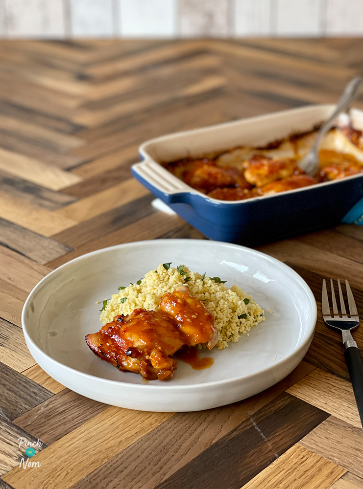 Sticky Harissa and Orange Chicken pinchofnom.com