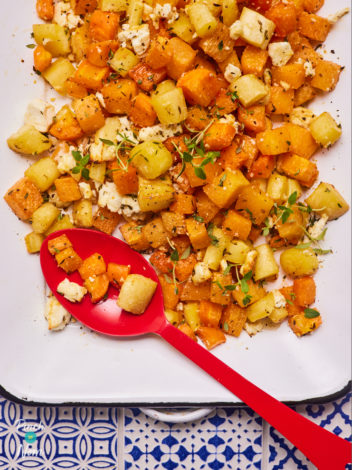 Roasted Root Vegetables with Feta and Thyme pinchofnom.com