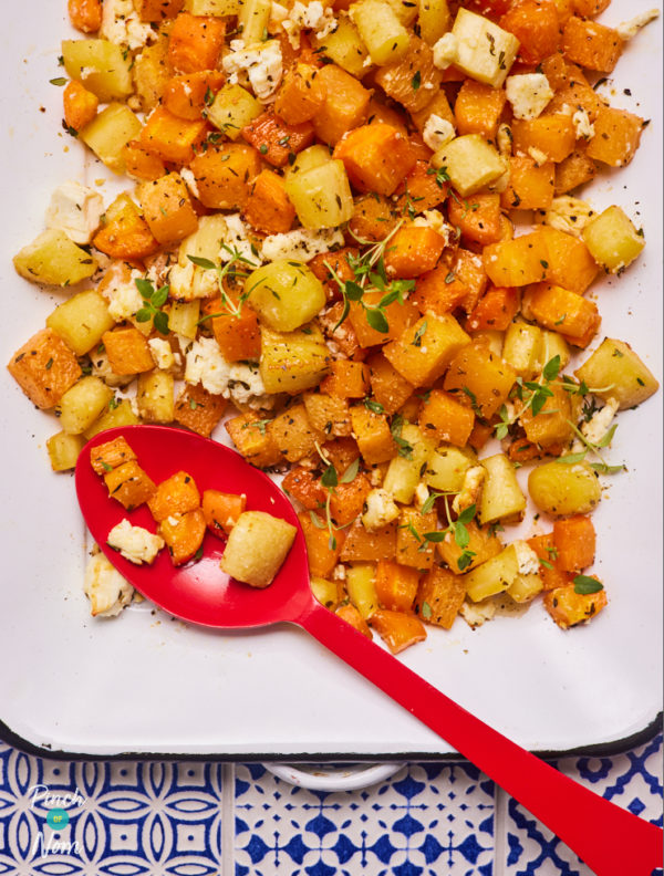 Roasted Root Vegetables with Feta and Thyme pinchofnom.com