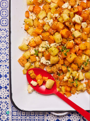 Roasted Root Vegetables with Feta and Thyme pinchofnom.com