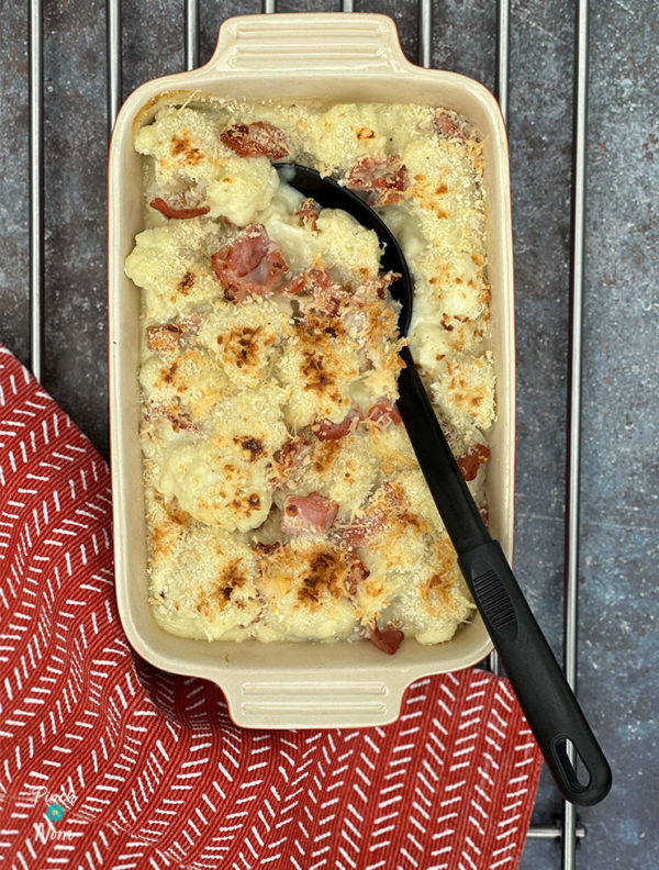Cauliflower Cheese with Bacon pinchofnom.com