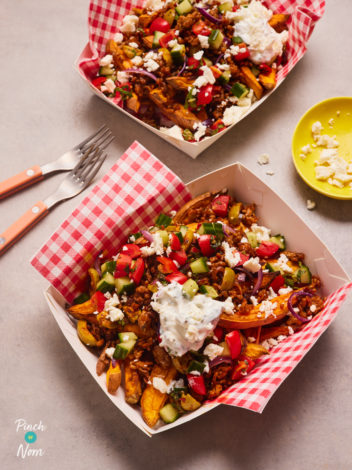 Loaded Lamb Sweet Potato Fries pinchofnom.com