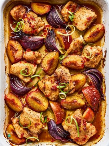 Sticky Plum and Chicken Traybake pinchofnom.com