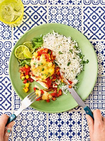 Tomato and Manga Salsa Chicken pinchofnom.com