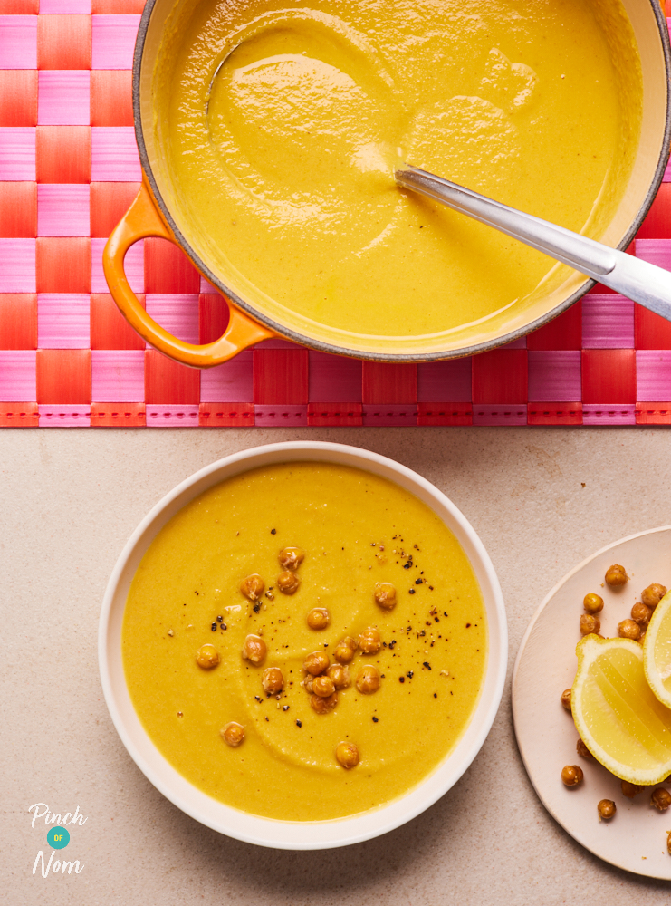 Pinch of Nom's Hummus Soup served in a bowl with crispy-looking golden chickpeas scattered on top.