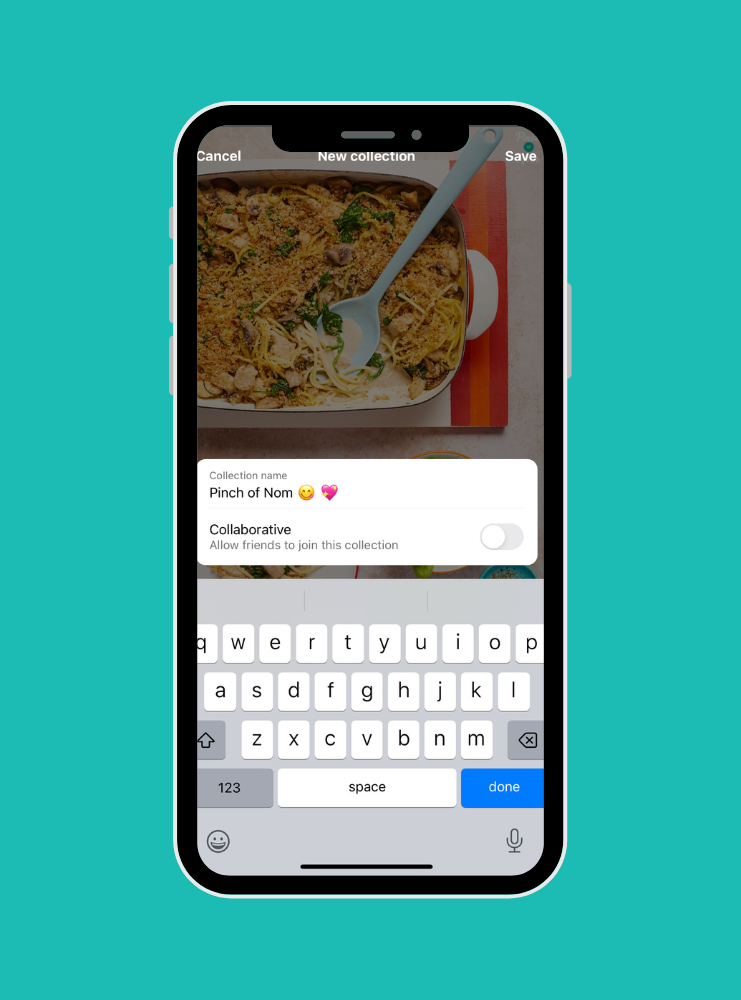 A screenshot of Instagram where a Collections folder is being created to save recipes, named 'Pinch of Nom'.