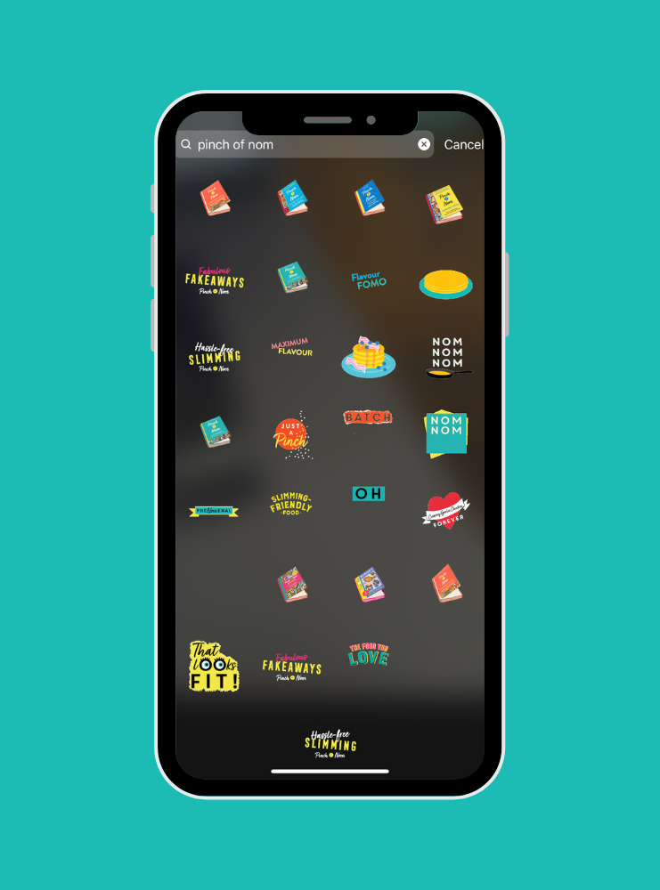 A screenshot of Instagram's search field for gifs and stickers on stories where 'Pinch of Nom' is being searched for.
