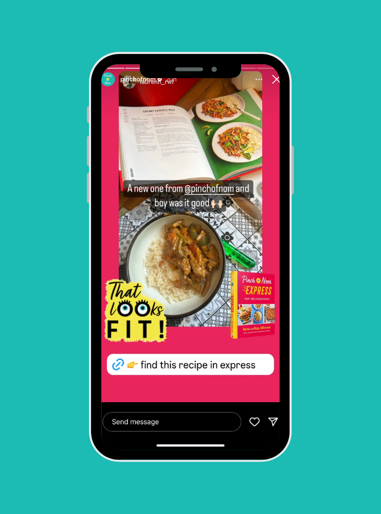 A screenshot of Pinch of Nom's Instagram stories where a story from a PON fan who has cooked Creamy Chipotle Beef from Express is being shared.