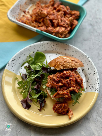 Air Fryer BBQ Pulled Chicken pinchofnom.com