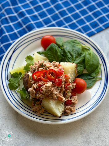 Air Fryer Fluffy Jacket Potatoes with Spicy Tuna pinchofnom.com