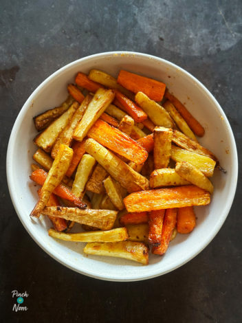 Air Fryer Maple-Glazed Carrots and Parsnips pinchofnom.com