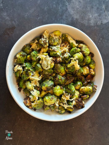 Air Fryer Roasted Parmesan Sprouts pinchofnom.com
