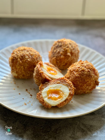 Air Fryer Smoky Bacon Scotch Eggs pinchofnom.com