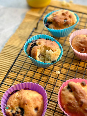 Air Fryer White Chocolate and Blueberry Muffins pinchofnom.com