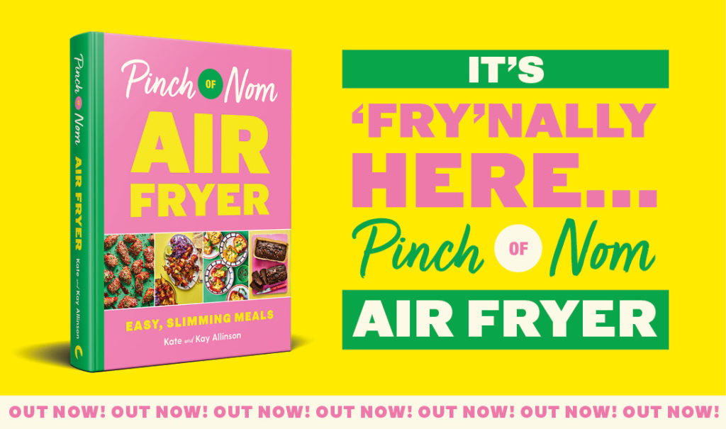 A banner advertising that Pinch of Nom: Air Fryer is out now, with text that reads 'IT'S FRY-NALLY HERE' above the PINCH OF NOM logo and an 'OUT NOW' banner along the bottom.