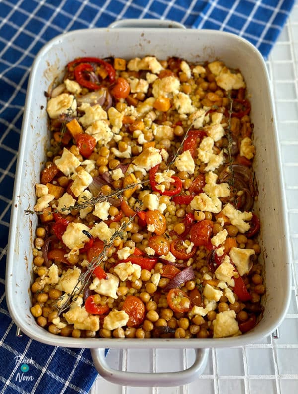 Baked Feta, Vegetable and Couscous Traybake pinchofnom.com