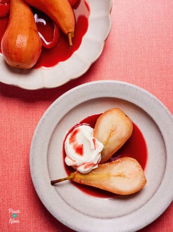 Cranberry Poached Pears pinchofnom.com