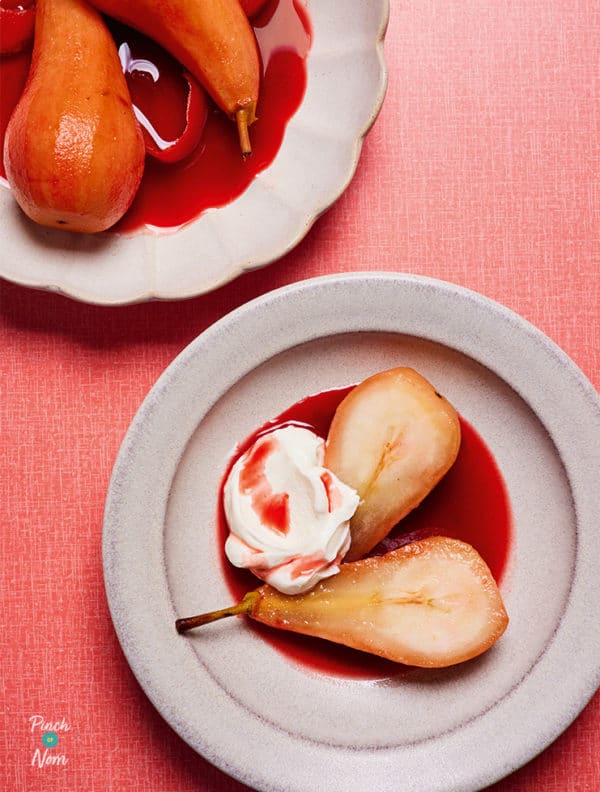 Cranberry Poached Pears pinchofnom.com