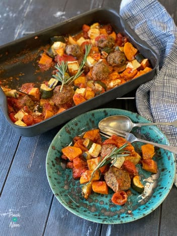Lamb Meatball and Sweet Potato Traybake pinchofnom.com