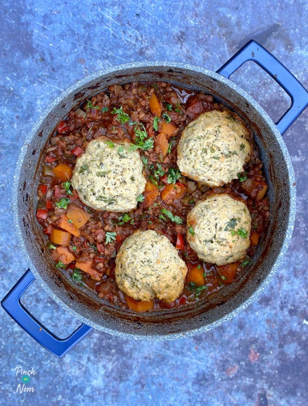 Lentil Stew with Herby Dumplings pinchofnom.com