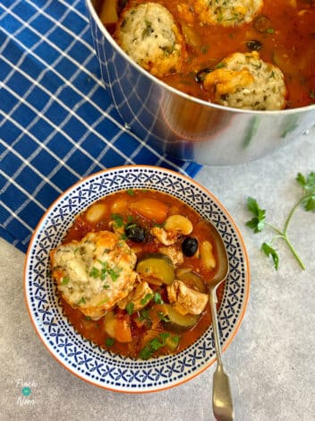Mediterranean-Style Chicken Stew with Feta Dumplings pinchofnom.com