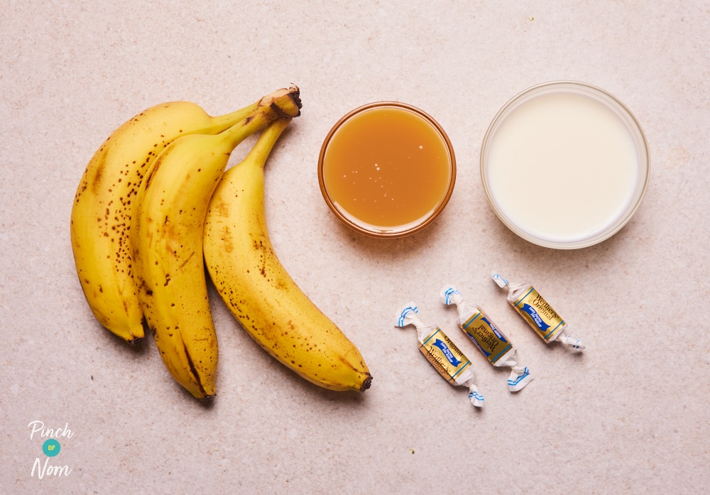 The ingredients for Pinch of Nom's low-calorie Ninja Cream Banoffee Ice Cream are laid out on a kitchen counter, ready to begin making the recipe.