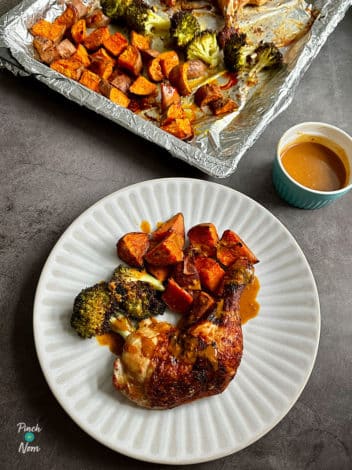 Peanut Chicken and Sweet Potato Traybake pinchofnom.com