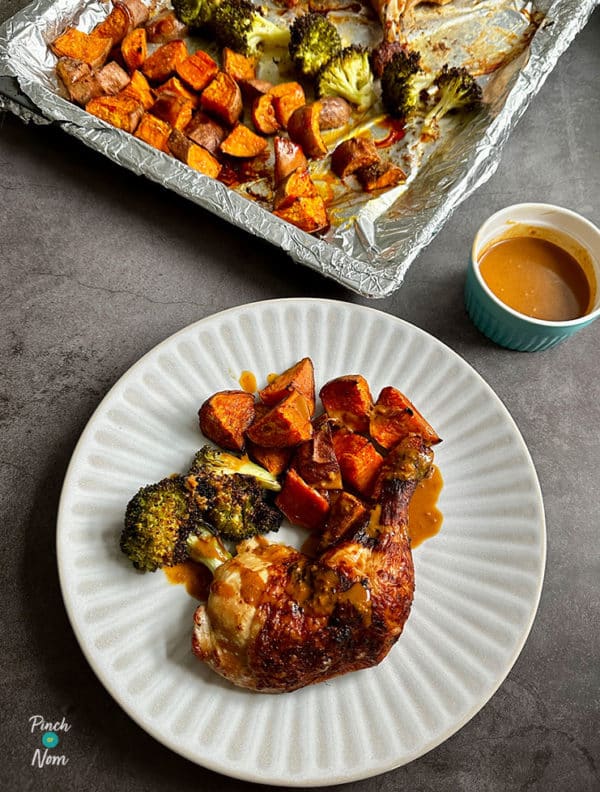 Peanut Chicken and Sweet Potato Traybake pinchofnom.com