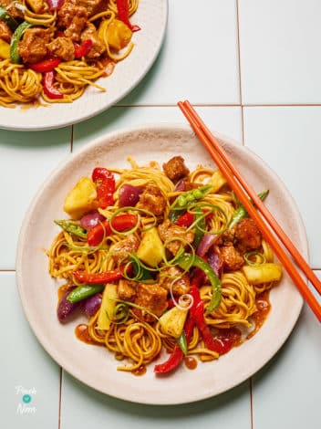 Slow Cooker Sweet and Sour Pork Noodles pinchofnom.com