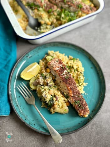 Sumac Salmon and Bulgur Wheat Bake pinchofnom.com