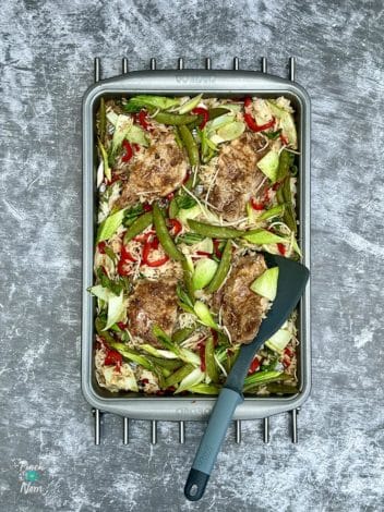 Chinese-Style Sticky Pork Traybake pinchofnom.com