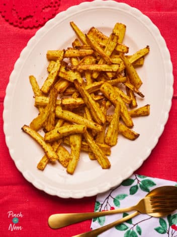Air Fryer Spiced Parsnip Fries pinchofnom.com