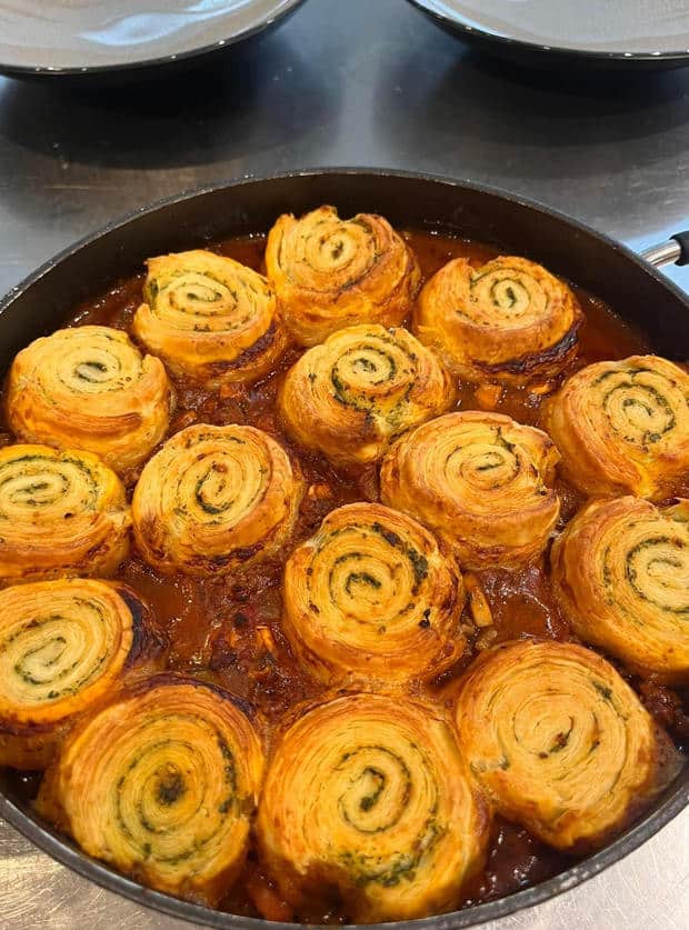 Karen Gibson's serving of Pinch of Nom's slimming-friendly Bolognese anf Garlic Swirl Pie.