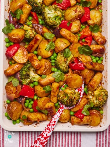 Curried Sausage Traybake pinchofnom.com