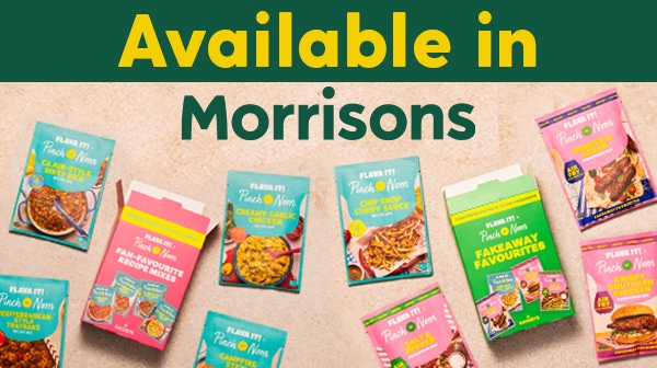 The words 'Available in Morrisons' are presented in yellow and green above an array of recipe mixes from the Fan-Favourites Collection Box and Fakeaway-Favourites Collection Box.