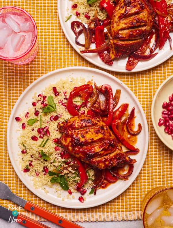 Pomegranate and Harissa Chicken pinchofnom.com