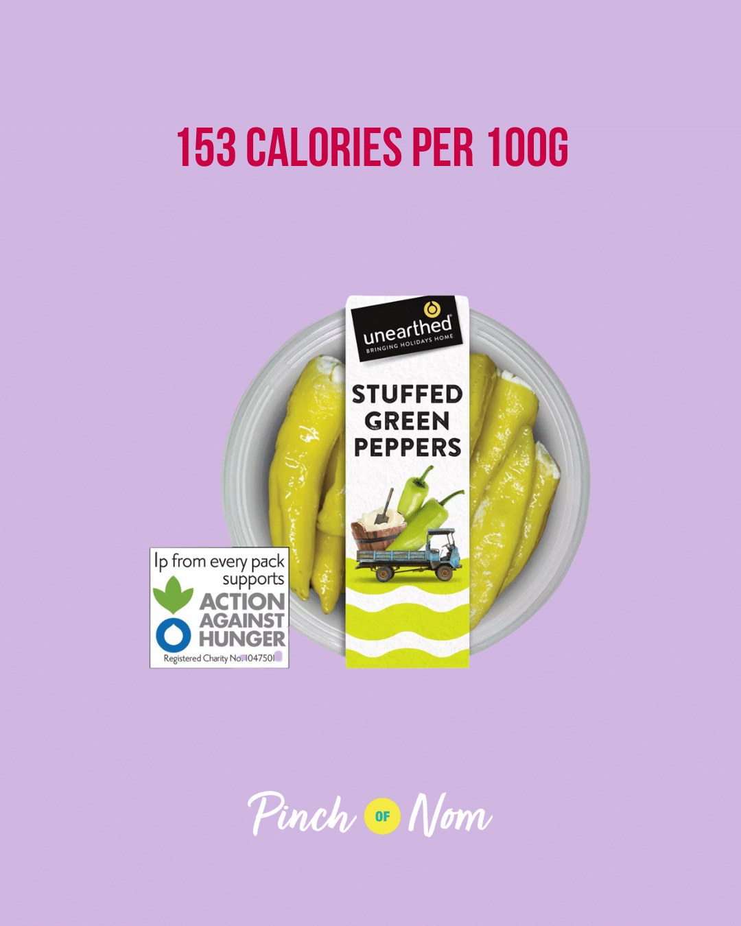 Unearthed Stuffed Green Peppers featured in Pinch of Nom's Weekly Pinch of Shopping with the calorie count printed above (153 calories per 100g).