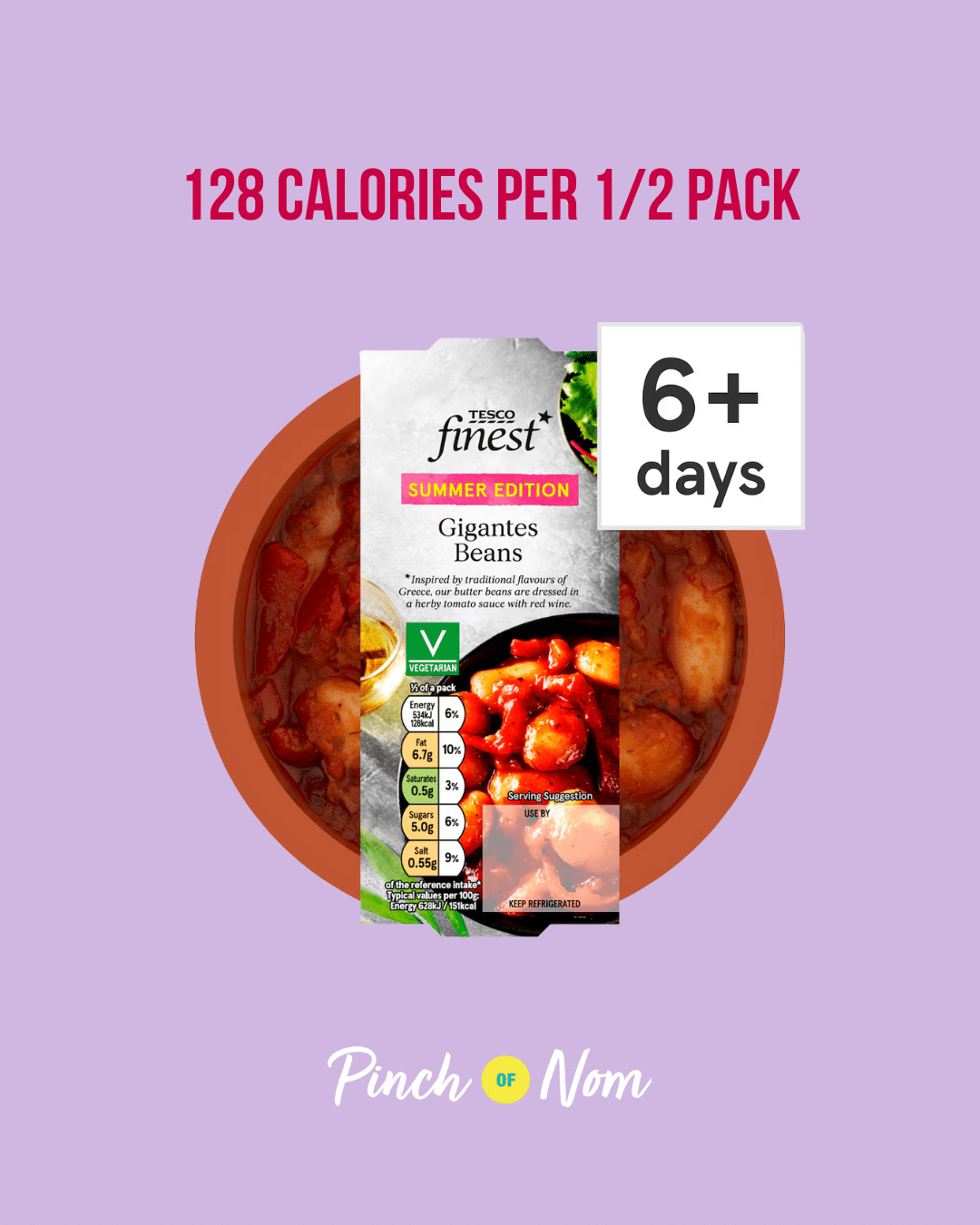 Tesco Finest Gigantes Beans featured in Pinch of Nom's Weekly Pinch of Shopping with the calorie count printed above (128 calories per 1/2 pack).