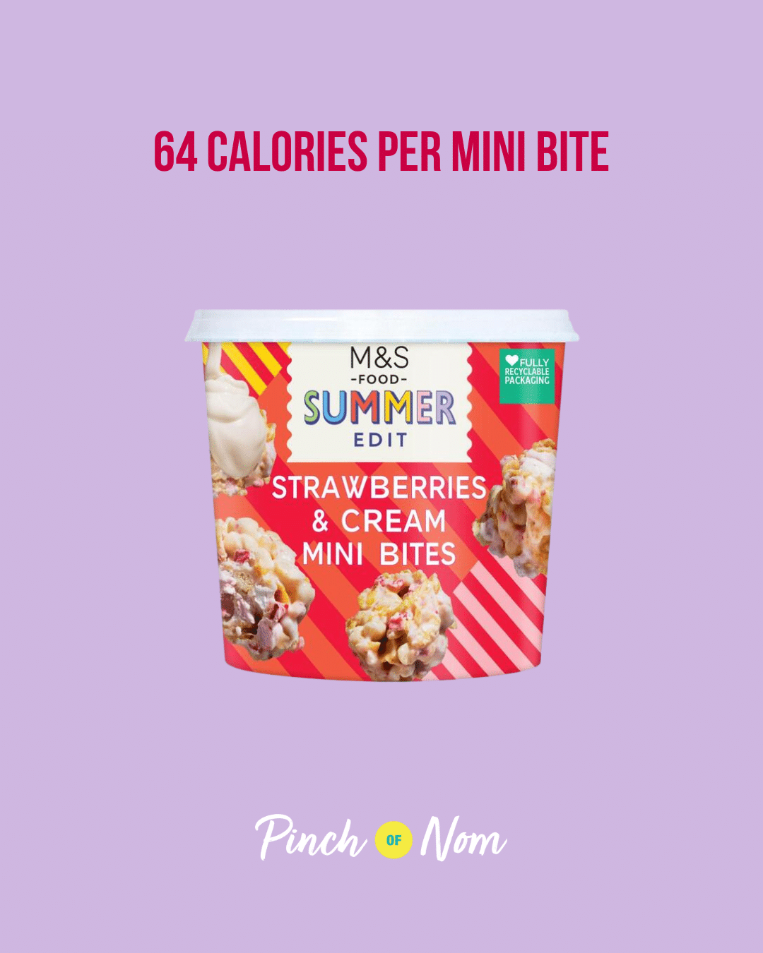 M&S Strawberries & Cream Mini Bites featured in Pinch of Nom's Weekly Pinch of Shopping with the calorie count printed above (64 calories per mini bite).