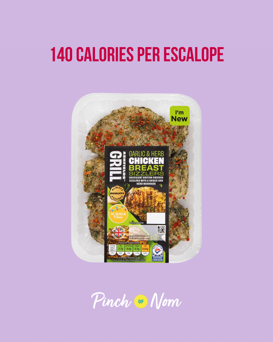 Garlic and Herb Marinated Chicken Escalopes featured in Pinch of Nom's Weekly Pinch of Shopping with the calorie count printed above (140 calories per escalope).