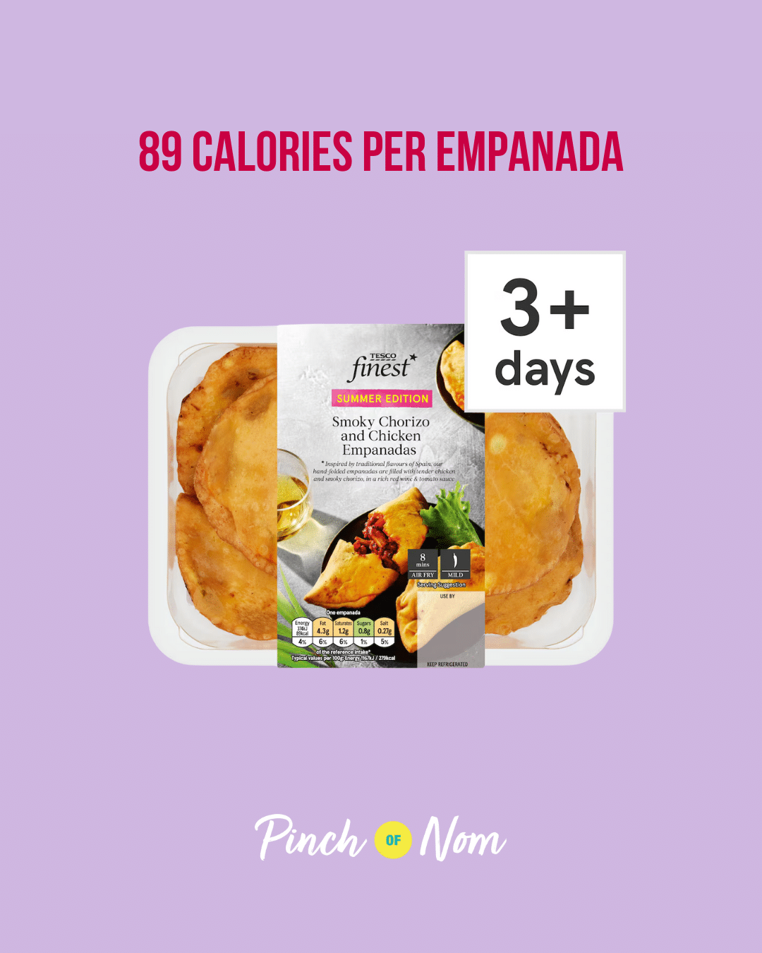 Tesco Finest Smoky Chorizo & Chicken Empanadas featured in Pinch of Nom's Weekly Pinch of Shopping with the calorie count printed above (89 calories per empanada).