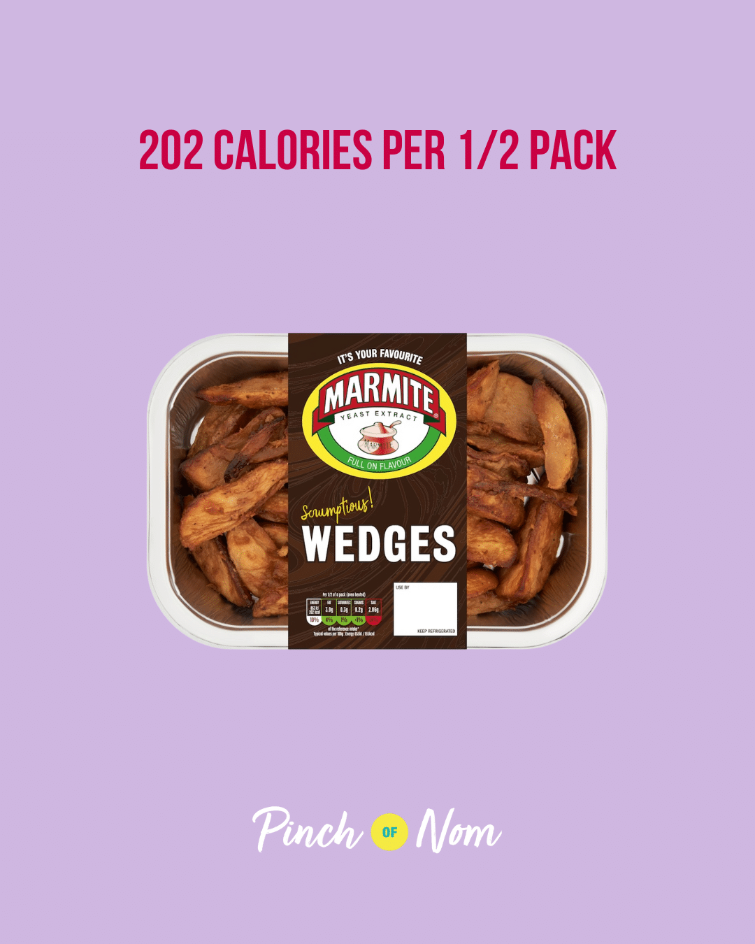 Marmite Potato Wedges featured in Pinch of Nom's Weekly Pinch of Shopping with the calorie count printed above (202 calories per 1/2 pack).