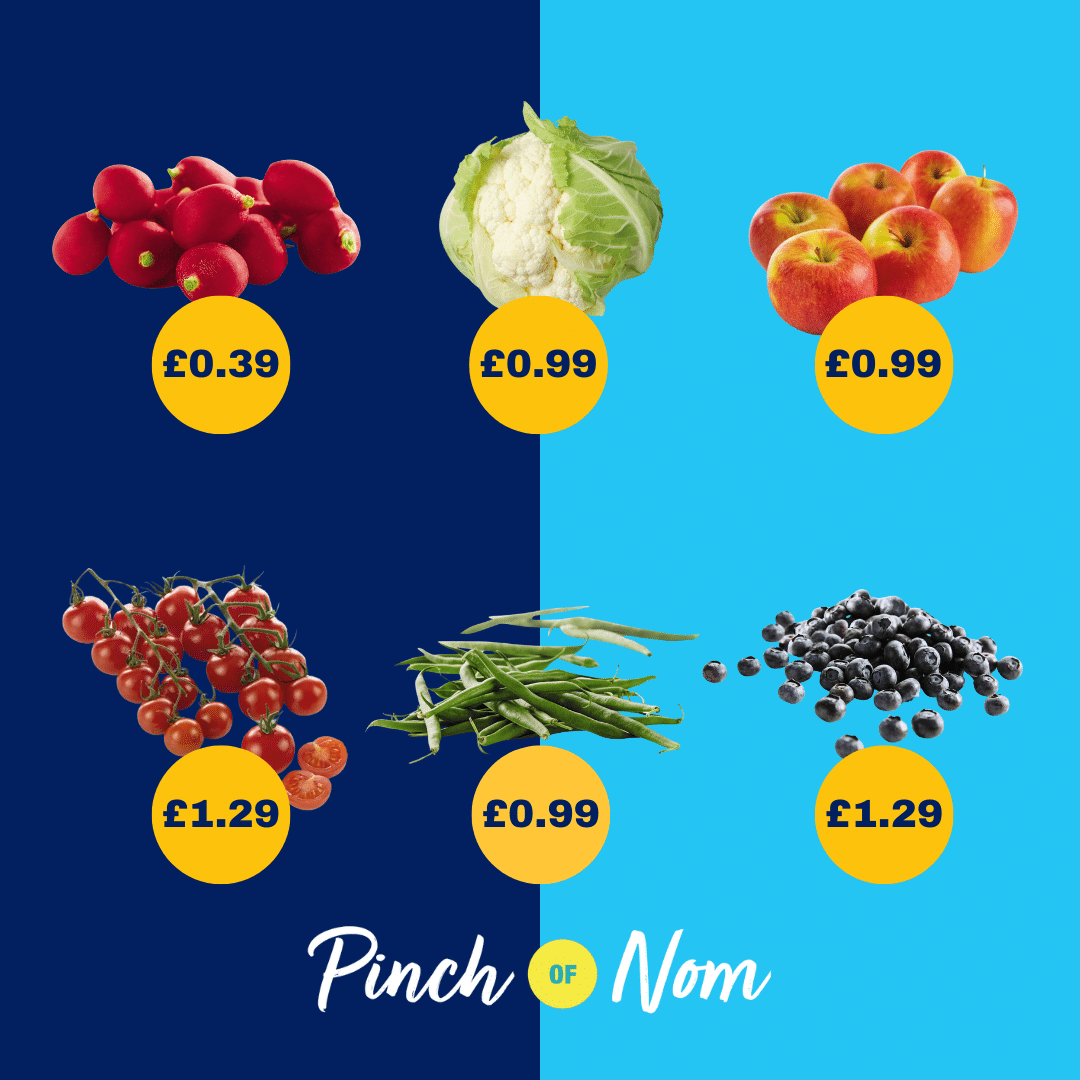 The fruit and veg selection from Aldi's Super 6, alongside their prices, featured in Pinch of Nom's Weekly Pinch of Shopping.