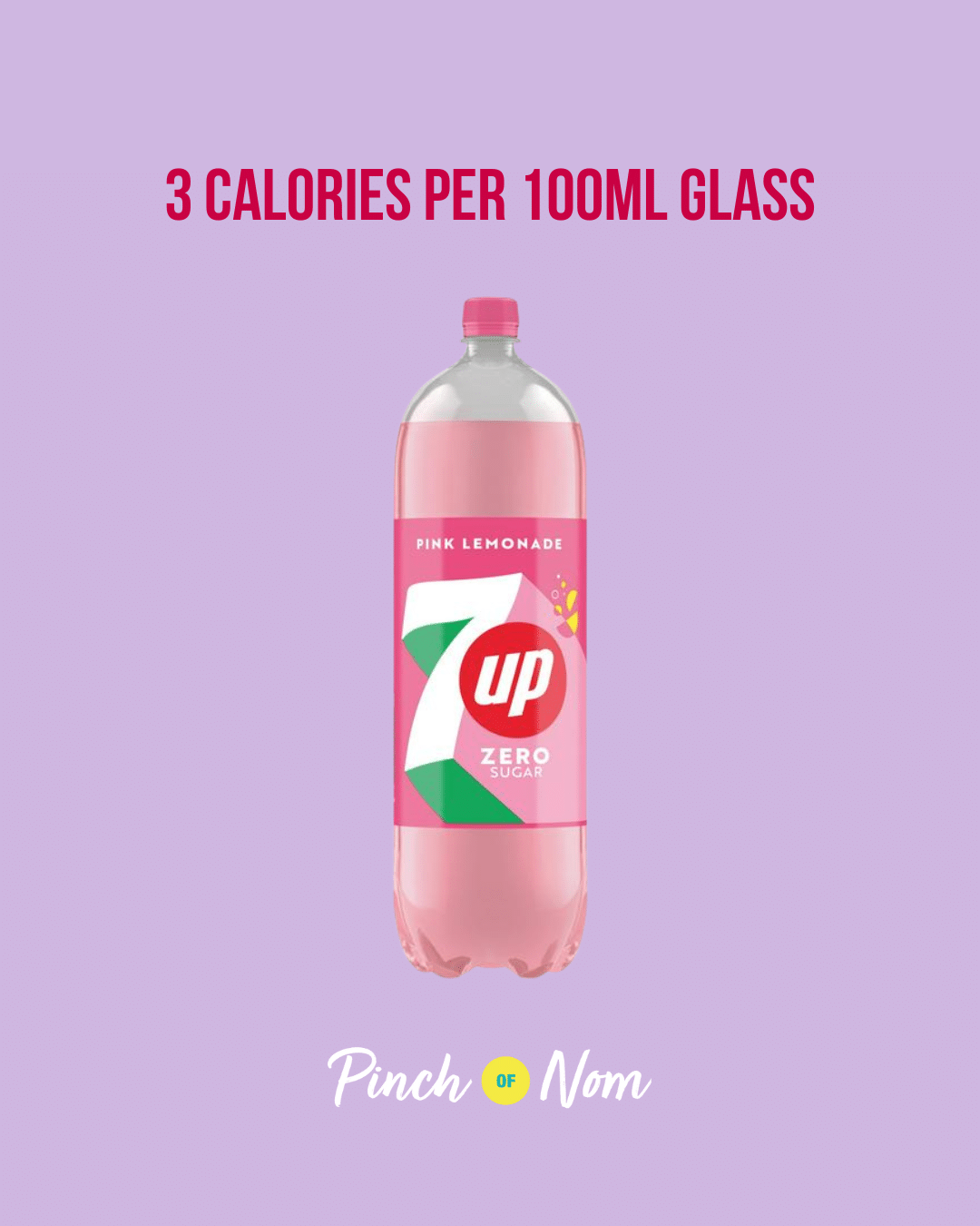 7UP Zero Sugar Pink Lemonade Bottle featured in Pinch of Nom's Weekly Pinch of Shopping with the calorie count printed above (3 calories per 100ml glass).