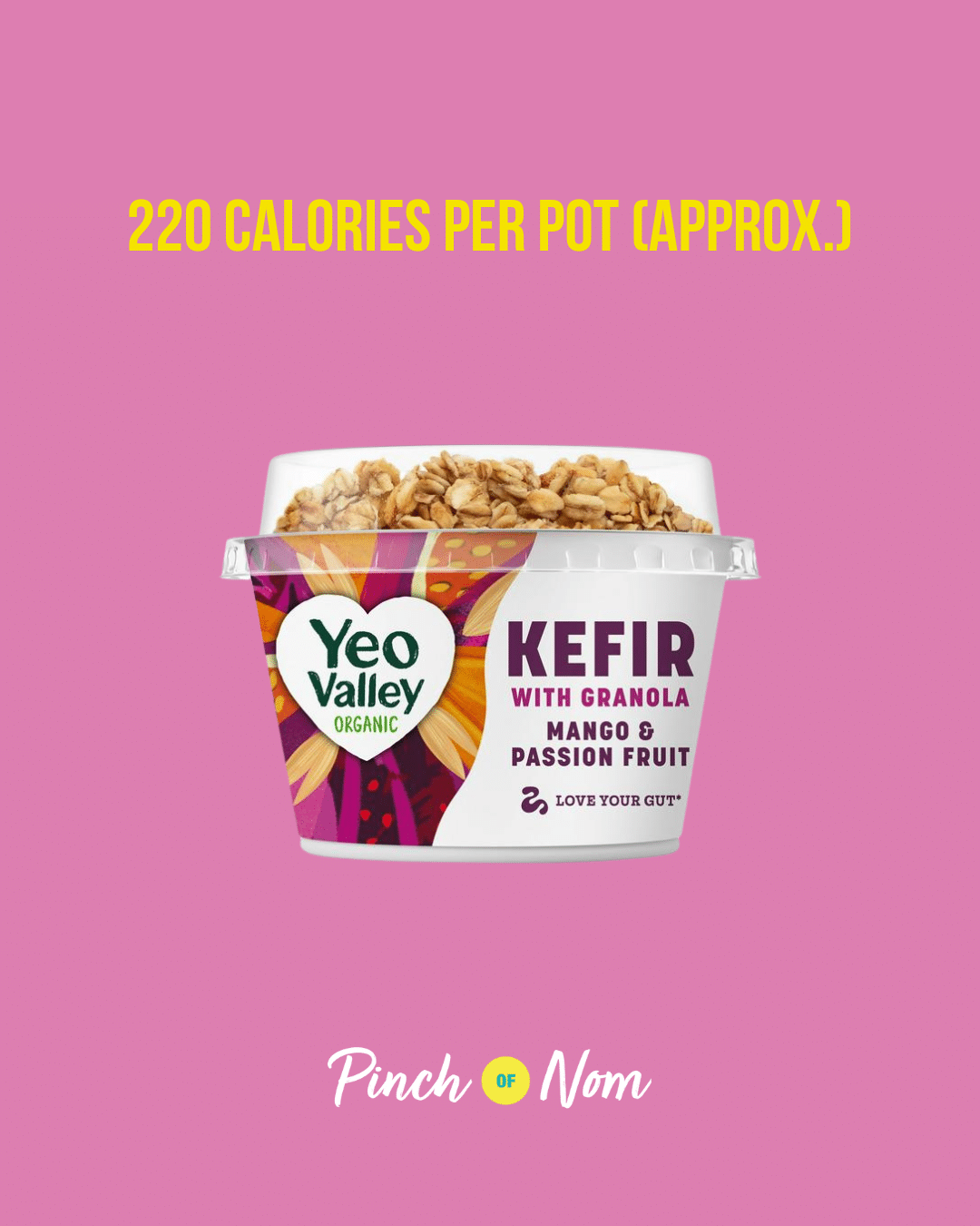 Yeo Valley Organic Kefir with Granola Mango & Passion Fruit featured in Pinch of Nom's Weekly Pinch of Shopping with the calorie count printed above (220 calories per pot (approx.).