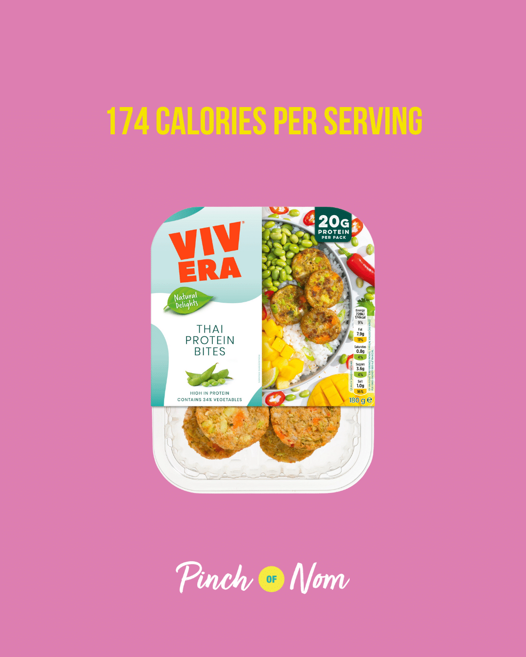 Vivera Thai Protein Bites featured in Pinch of Nom's Weekly Pinch of Shopping with the calorie count printed above (174 calories per serving).