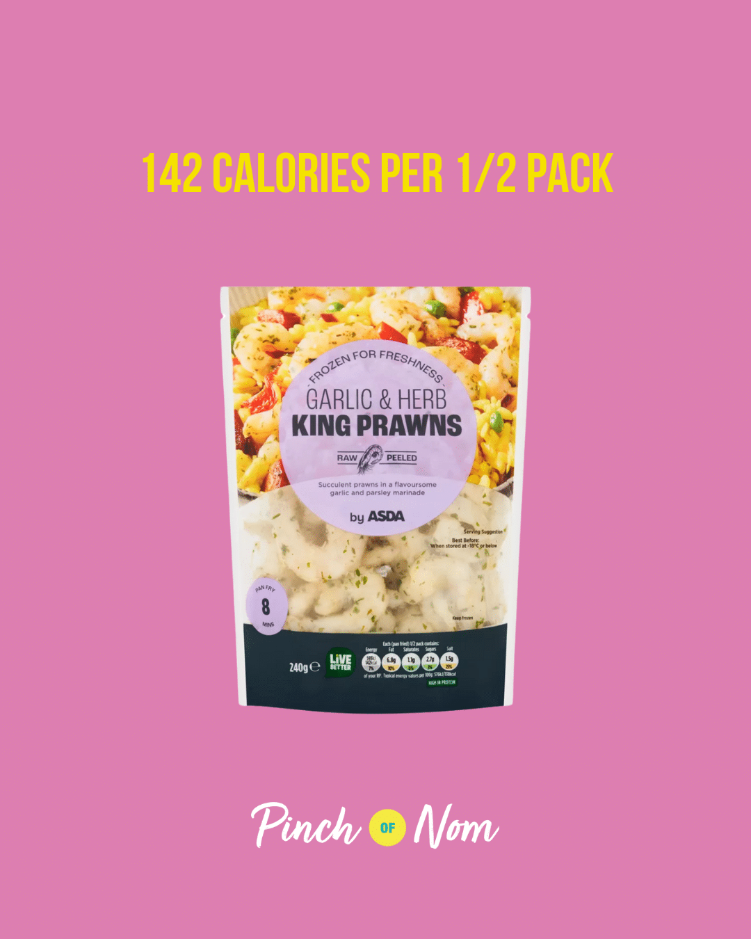 ASDA Garlic & Herb King Prawns featured in Pinch of Nom's Weekly Pinch of Shopping with the calorie count printed above (142 calories per 1/2 pack (pan-fried)).