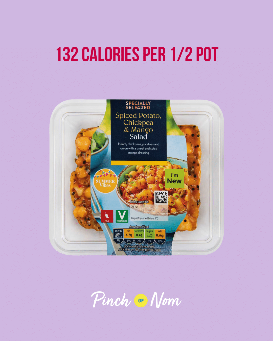 Spiced Potato, Chickpea and Mango Salad featured in Pinch of Nom's Weekly Pinch of Shopping with the calorie count printed above (132 calories per 1/2 pot).